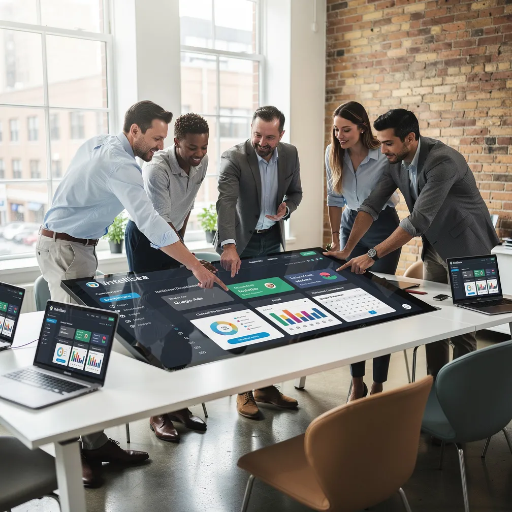 Marketing team collaborating on multi-channel campaigns using the Intellisea platform