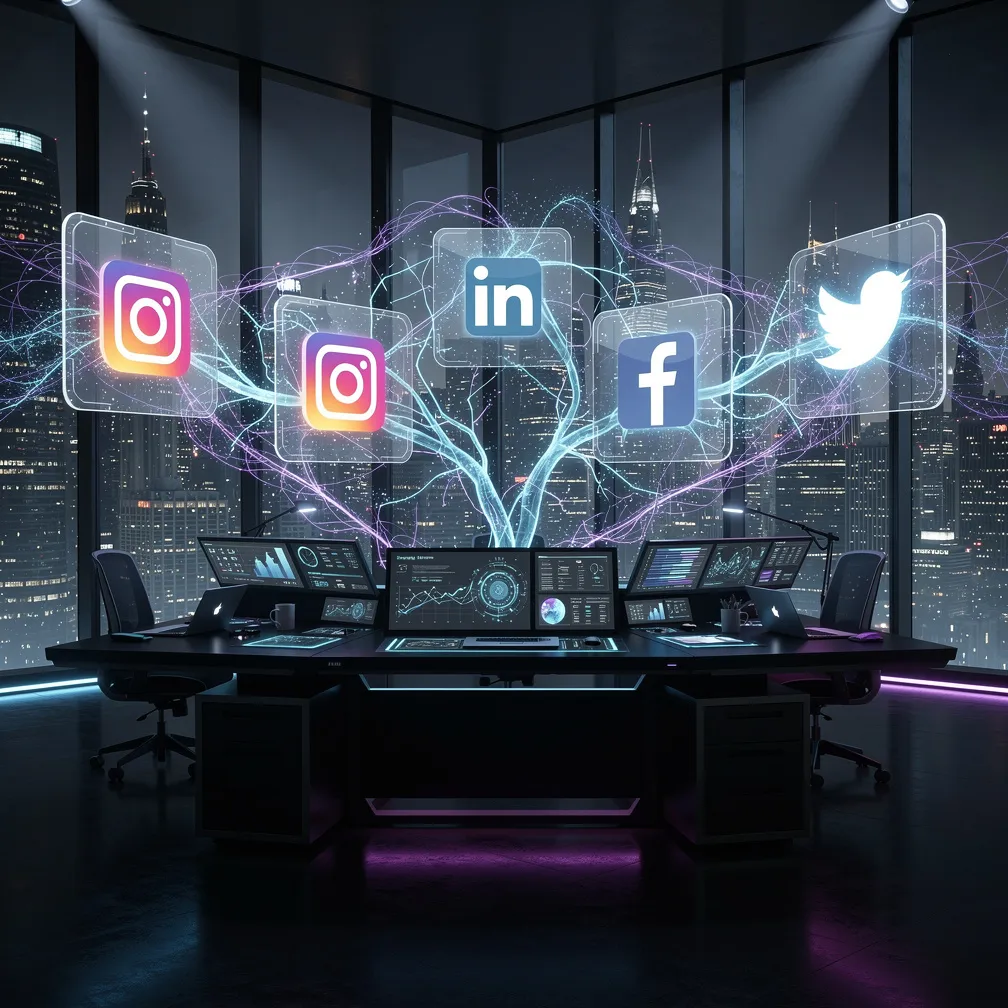 Futuristic AI command center with holographic social media interfaces and neural network connections