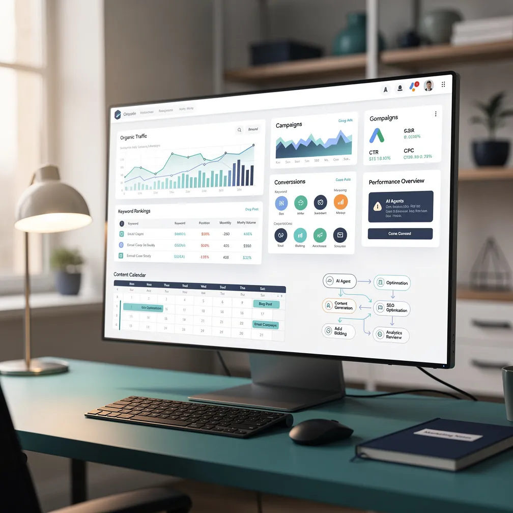 A modern computer workstation displaying marketing tool dashboards and agentic AI workflow diagrams